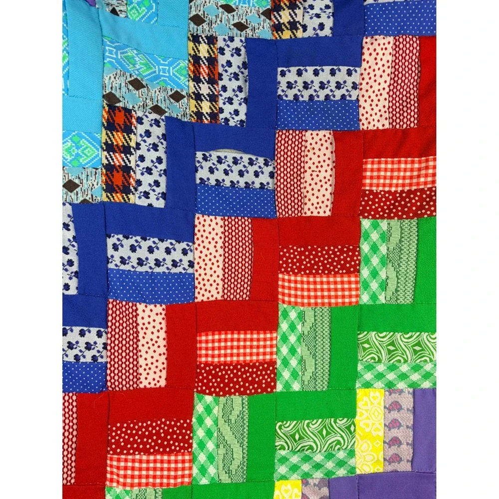 Vintage Handmade Patchwork Quilt Rainbow Polyester Double Knit 70s Retro 68x82
